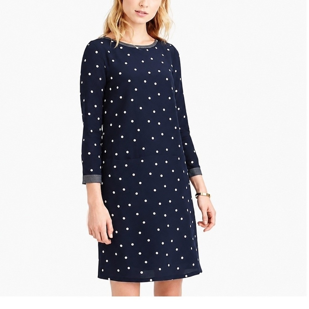 J Crew Dress Navy Polka Dot Shift Dress 3/4 Sleeve Pockets 100% Silk Size 10